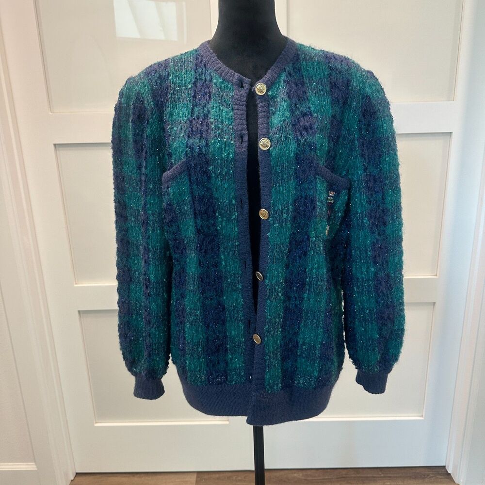 Vintage Giorgio Grati Italian Boucle Mohair Plaid Cardigan Sweater Sz 42/Medium